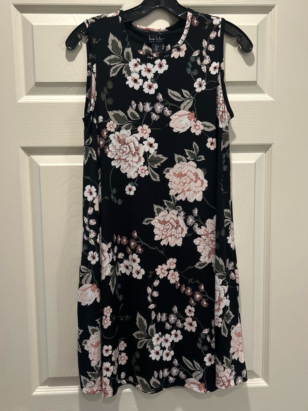 Nicole Miller Black Midi Dress with Pink and White Floral Print